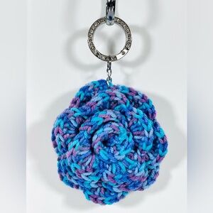 Purple Ombre Crochet Flower Bag Charm Keychain W/Rhinestone Bling Clip Ring